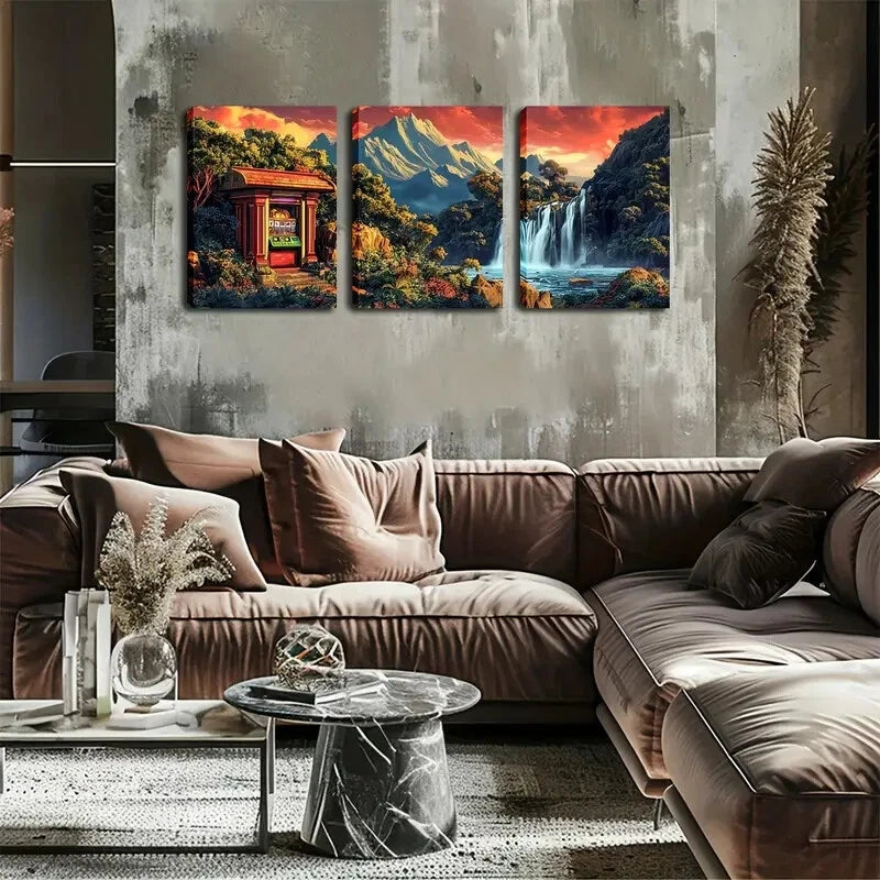 3pcs Waterfall Pavilion Modern Décor Perfect Wall Art Set Canvas Framed 40x60cm - High Quality Print 100% Australian Made Wall Canvas Ready to Hang - Bella Home Decor