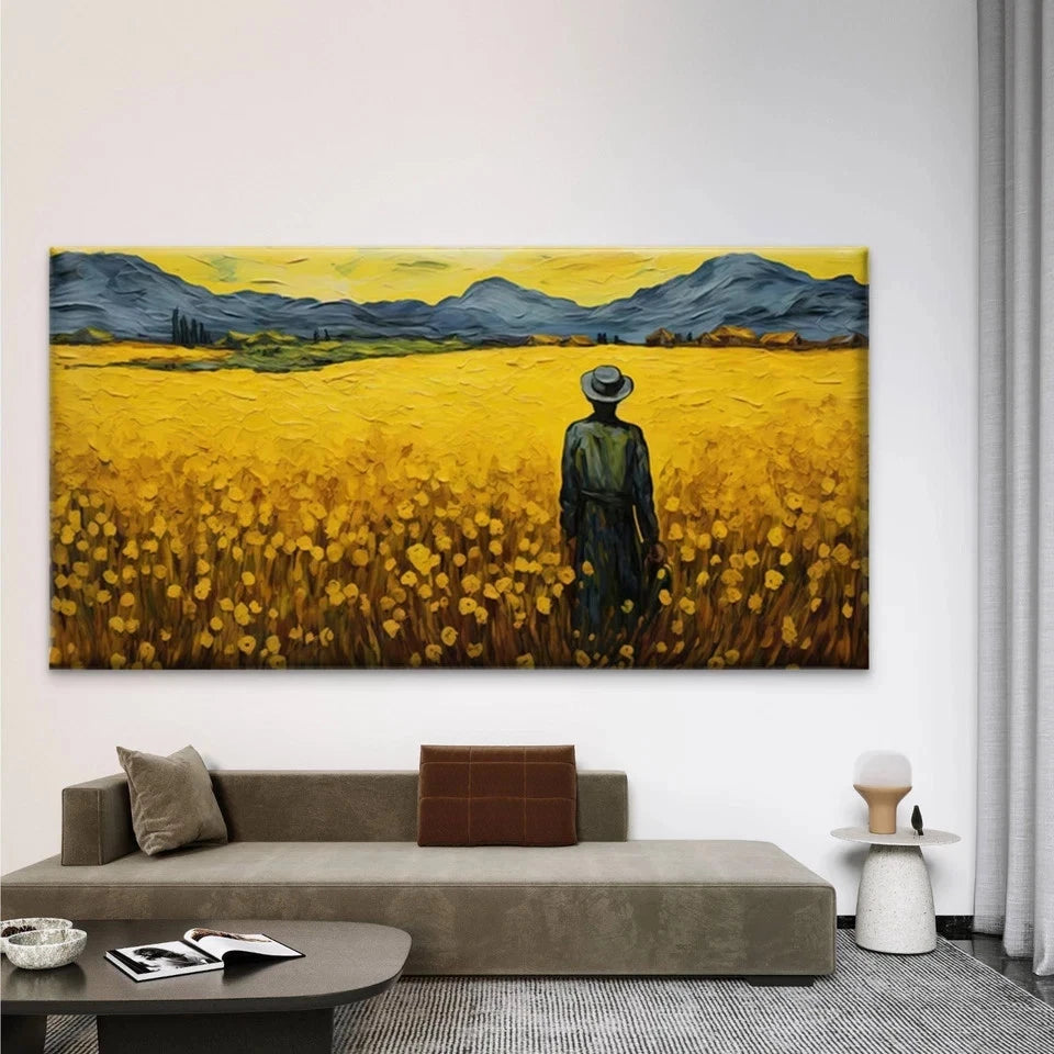 Van Gogh-Inspired Yellow Field Wall Art Canvas Office Home Room Framed 120x60cm