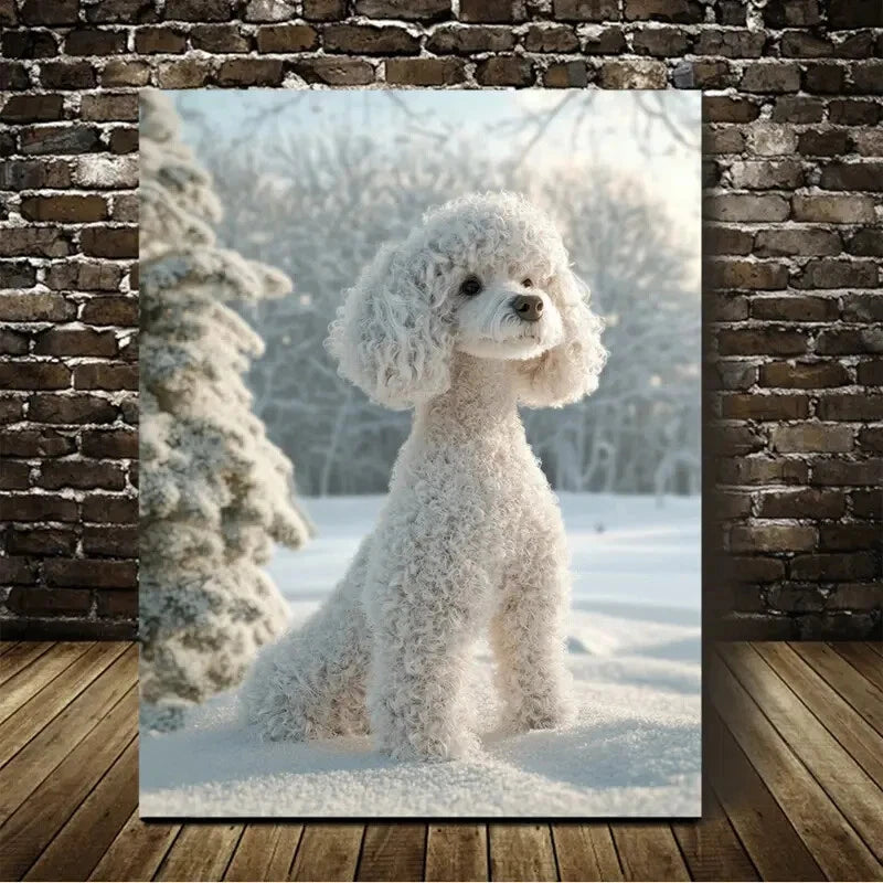 Beautiful White Poodle On The Snow Painting 40x60cm Metal Print Ready to Hang - Bella Home Decor