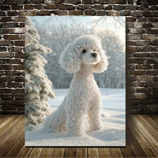 Beautiful White Poodle On The Snow Painting 40x60cm Metal Print Ready to Hang - Bella Home Decor