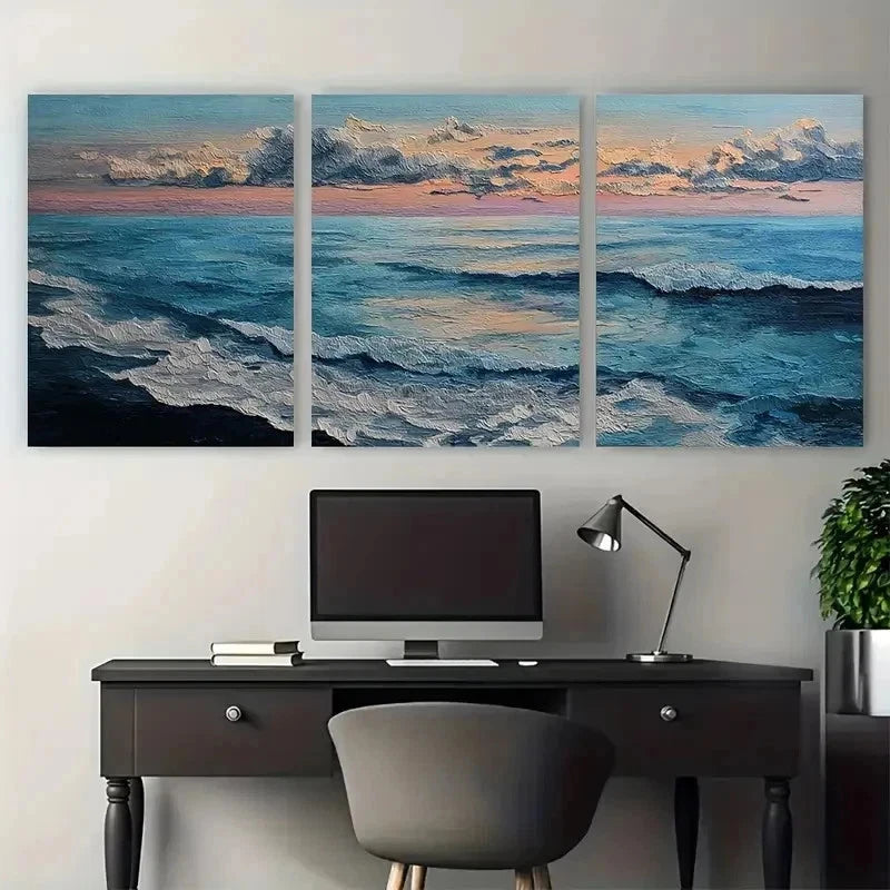 3pcs The Sea At Dusk Nature Blue Perfect Wall Art Set Canvas Framed 50x70cm - High Quality Print 100% Australian Made Wall Canvas Ready to Hang