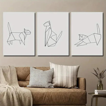 3pcs Modern Origami Cat Line Wall Art Set Canvas Unframed - High Quality Print 100% Australian Made Wall Canvas