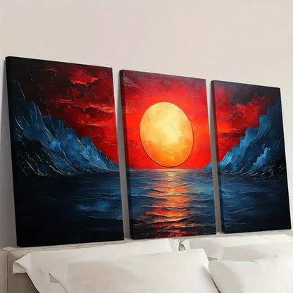 3pcs Seaside Sunset Vibrant Red & Orange Sky Wall Art Set Canvas Unframed - High Quality Print 100% Australian Made Wall Canvas