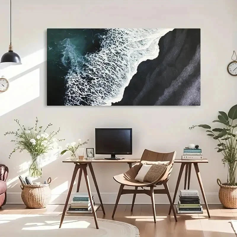 Black Sand Beach Sea Wave Wall Art Canvas Office Home Room Framed 120x60cm - Bella Home Decor