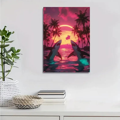 Vibrant Shark Sunset Scene Neon Glow Painting 40x60cm Metal Print Ready to Hang - Bella Home Decor
