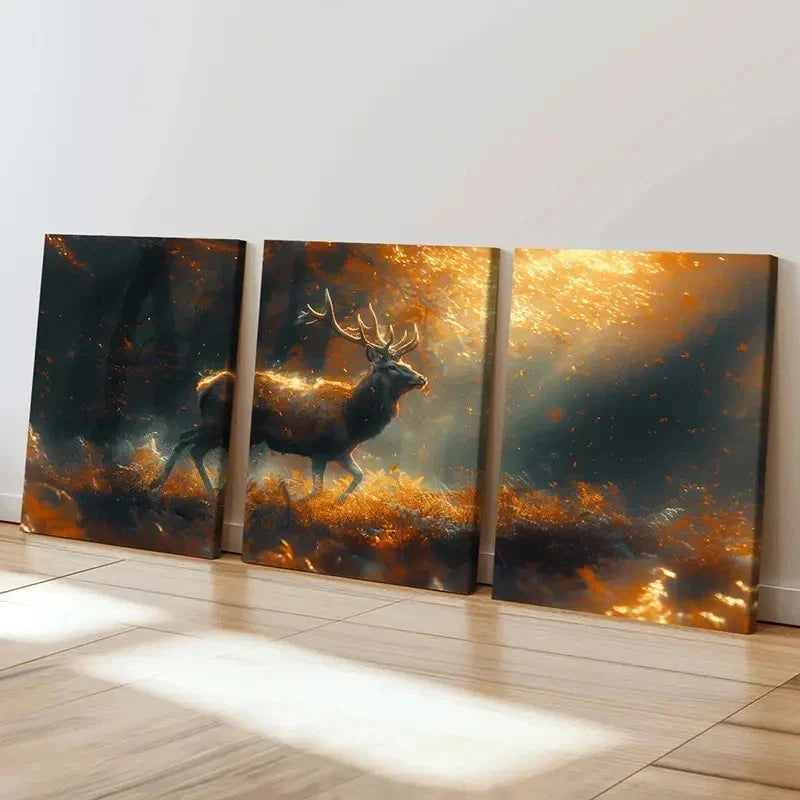 3pcs Deer In The Forest Vintage Animal Wall Art Set Canvas Framed 60x90cm - High Quality Print 100% Australian Made Wall Canvas Ready to Hang - Bella Home Decor