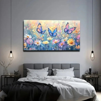 Butterfly Flower Field Décor Wall Art Canvas Office Home Room Framed 120x60cm - Bella Home Decor