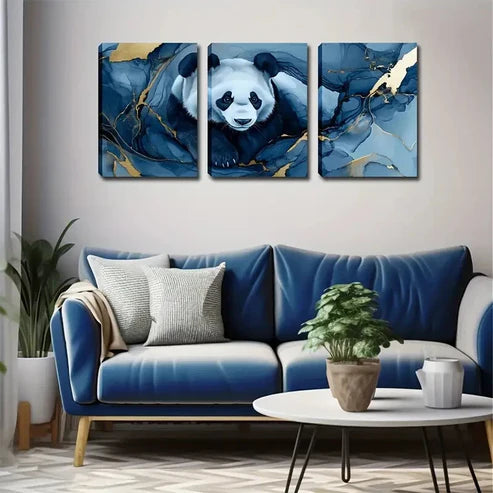 3pcs Panda Blue Golden Marble Abstract Perfect Wall Art Canvas Unframed - High Quality Print 100% Australian Made Wall Canvas