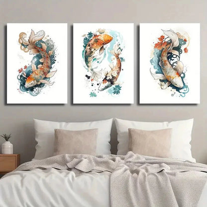 3pcs Japanese Bright Koi Carp Wall Art Set Canvas Framed 40x60cm - High Quality Print 100% Australian Made Wall Canvas Ready to Hang