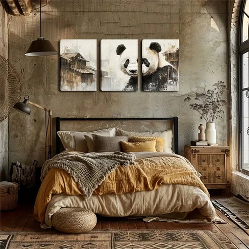 3pcs Charming Panda Traditional Building Perfect Wall Art Canvas Unframed - High Quality Print 100% Australian Made Wall Canvas - Bella Home Decor