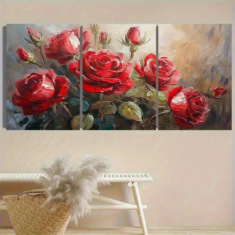 3pcs Vibrant Red Roses Oil Painting Wall Art Set Canvas Framed 60x90cm - High Quality Print 100% Australian Made Wall Canvas Ready to Hang - Bella Home Decor