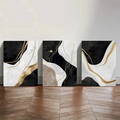 3pcs Black White Golden Abstract  Wall Art Set Canvas Unframed - High Quality Print 100% Australian Made Wall Canvas - Bella Home Decor