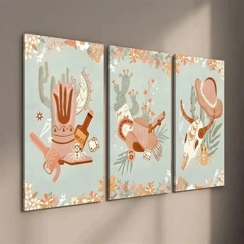 3pcs Southwestern Cowboy Boots & Hat Wall Art Set Canvas Framed 60x90cm - High Quality Print 100% Australian Made Wall Canvas Ready to Hang