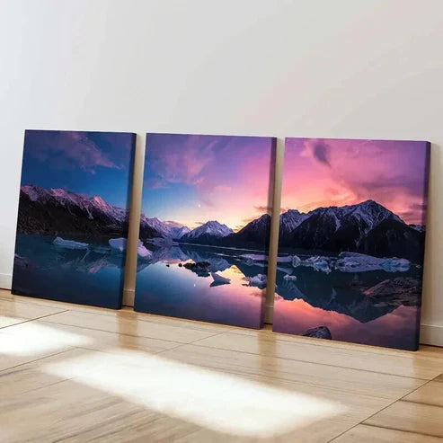 3pcs Sunset Through Snow Mountains & Lake Wall Art Canvas Unframed - High Quality Print 100% Australian Made Wall Canvas