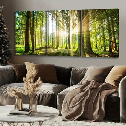 3pcs Green Sunlight Shines Through The Trees Wall Art Set Canvas Unframed - High Quality Print 100% Australian Made Wall Canvas