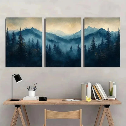 3pcs Blue & Golden Glitter Misty Forest Wall Art Set Canvas Framed 40x60cm - High Quality Print 100% Australian Made Wall Canvas Ready to Hang - Bella Home Decor