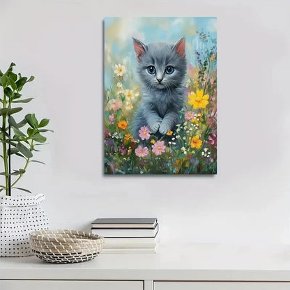 Adorable Russian Blue Kitten with Flowers Painting 40x60cm Metal Print Ready to Hang - Bella Home Decor