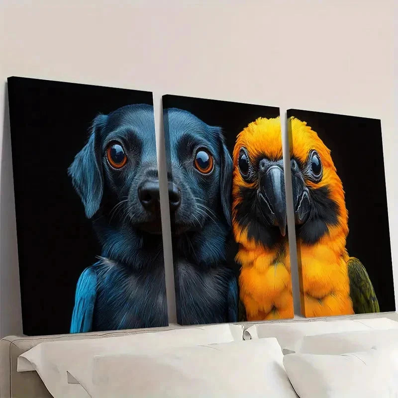 3pcs Dachshund and Parrot Yellow and Blue Wall Art Set Canvas Framed 40x60cm - High Quality Print 100% Australian Made Wall Canvas Ready to Hang - Bella Home Decor