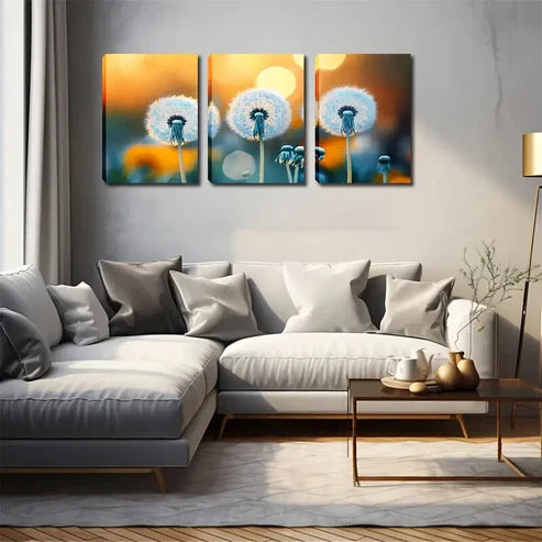3pcs Three Full Dandelions Simple Perfect Wall Art Canvas Unframed - High Quality Print 100% Australian Made Wall Canvas