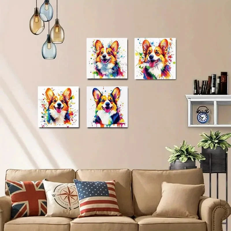 4pcsColorful Abstract CorgiWall Art Canvas Framed