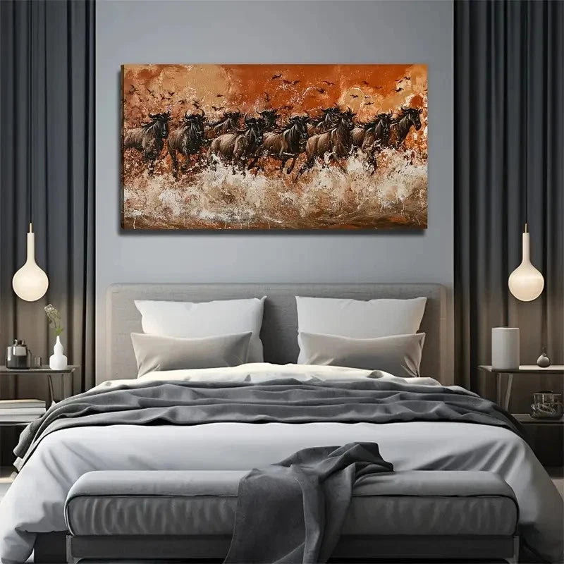 Wild Wildebeest Nature Wall Art Canvas Office Home Room Framed 120x60cm