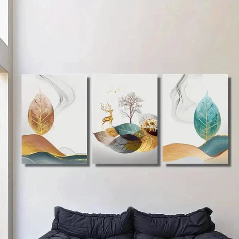 3pcs Light Luxury Gilded Deer And Lucky Tree Wall Art Canvas Unframed - High Quality Print 100% Australian Made Wall Canvas