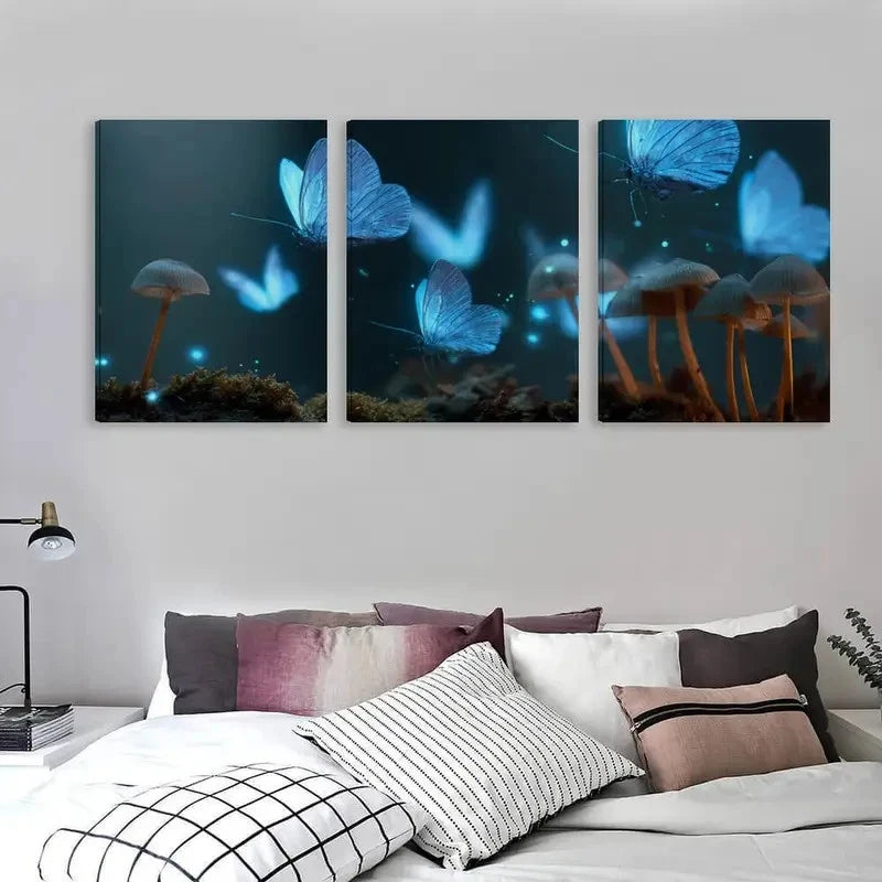 3pcs Blue Glowing Butterflies And Mushrooms   Wall Art Set Canvas Framed 60x90cm - High Quality Print 100% Australian Made Wall Canvas Ready to Hang - Bella Home Decor