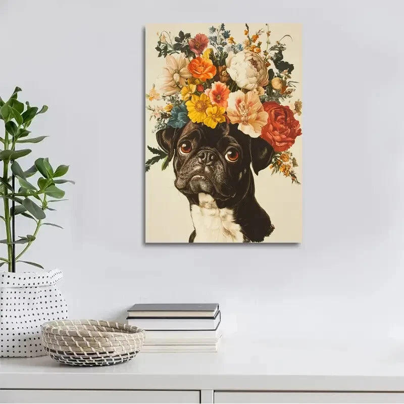 Beautiful Vintage Flowers And Pug Painting 40x60cm Metal Print Ready to Hang - Bella Home Decor