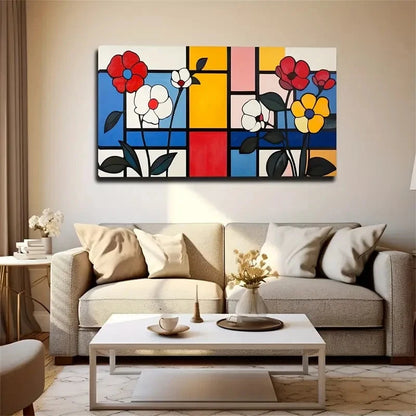 Vibrant Floral And Geometric Wall Art Canvas Office Home Room Framed 120x60cm
