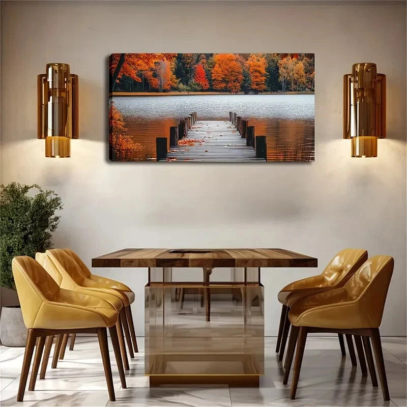 Autumn Forest Lake Bridge Décor Wall Art Canvas Office Home Room Framed 120x60cm - Bella Home Decor
