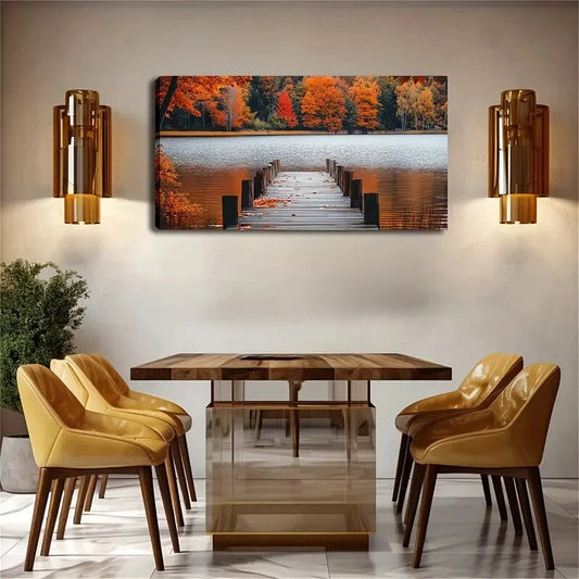 Autumn Forest Lake Bridge Décor Wall Art Canvas Office Home Room Framed 120x60cm