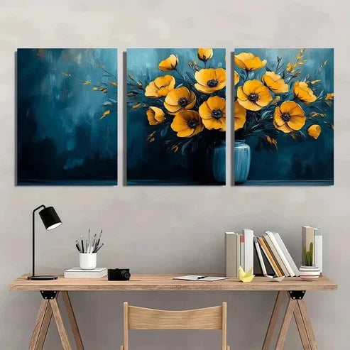 3pcs Abstract Vibrant Blue & Yellow Floral Wall Art Canvas Unframed - High Quality Print 100% Australian Made Wall Canvas