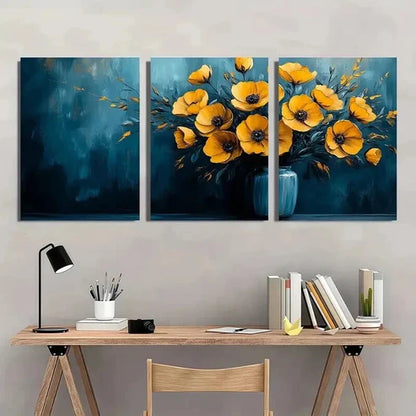 3pcs Abstract Vibrant Blue & Yellow Floral Wall Art Canvas Unframed - High Quality Print 100% Australian Made Wall Canvas