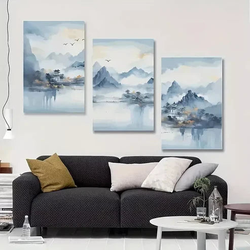 3pcs Modern Blue Abstract Mountain Murals Wall Art Canvas Unframed - High Quality Print 100% Australian Made Wall Canvas