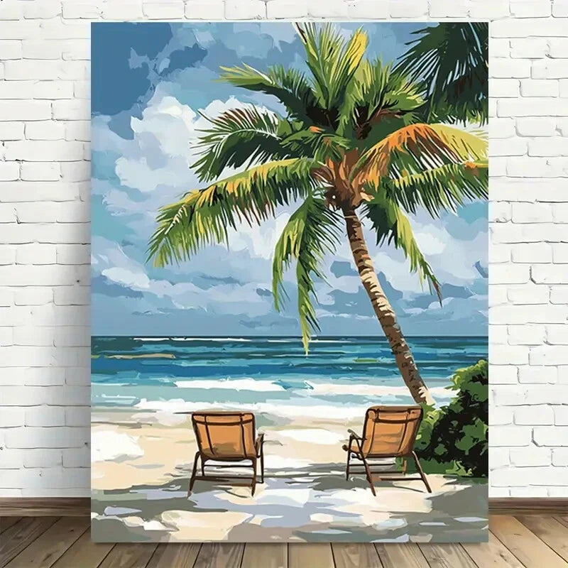 Beautiful Beach Paradise Palm Tree Painting 40x60cm Metal Print Ready to Hang - Bella Home Decor
