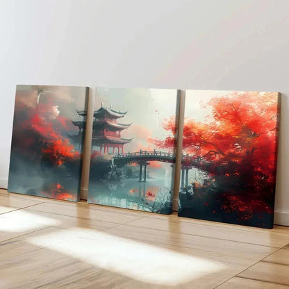3pcs Chinese Ancient Style Painting Tower Bridge Wall Art Set Canvas Framed 60x90cm - High Quality Print 100% Australian Made Wall Canvas Ready to Hang - Bella Home Decor