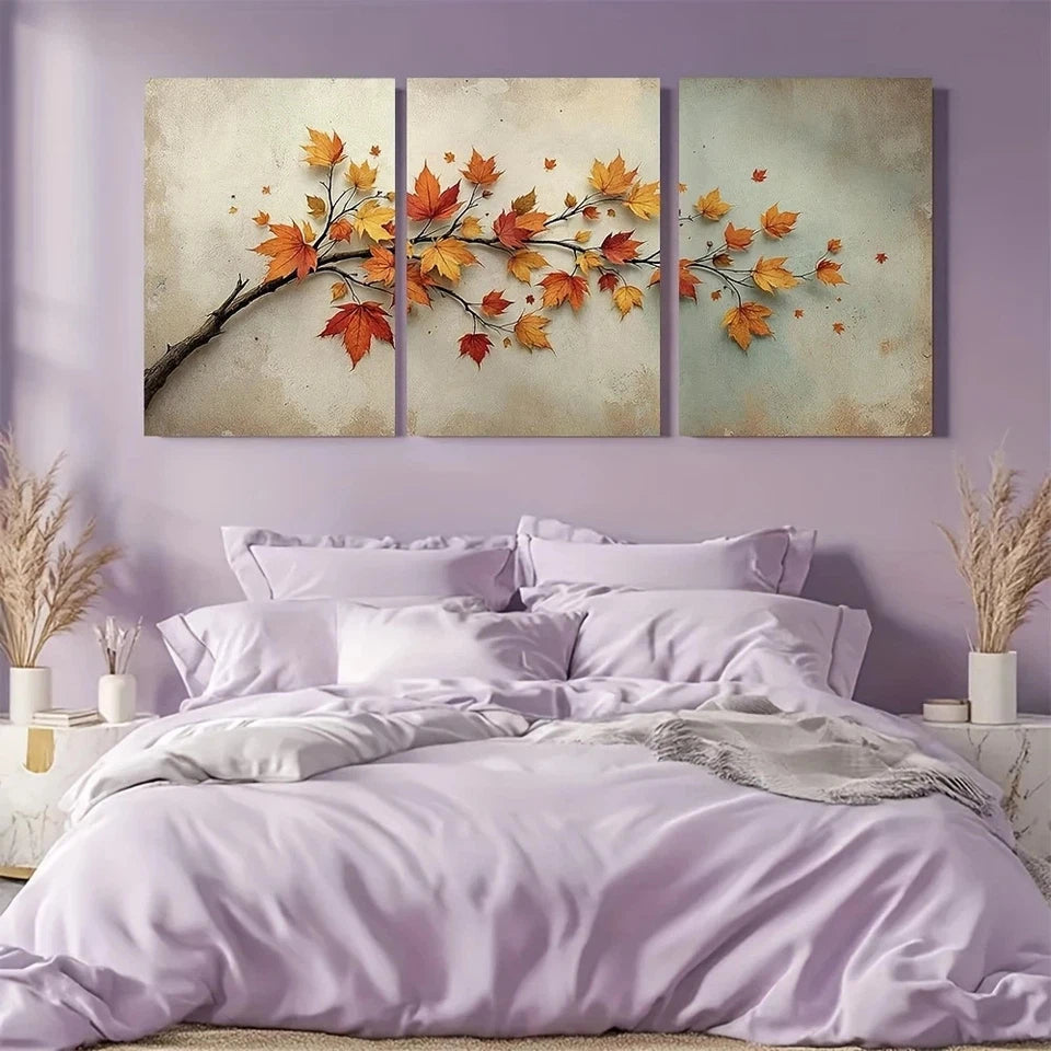 3pcs Golden Autumn Leaves Earthy Tones Metal Print Ready to Hang Art - Bella Home Decor