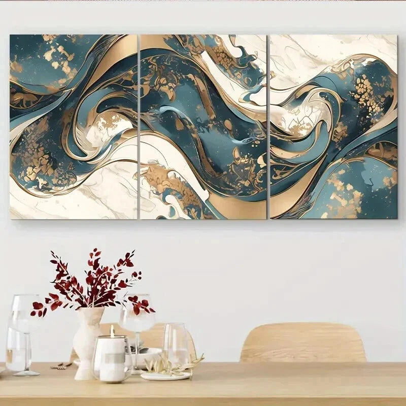 3pcs Golden & White Waves Dynamic Perfect Wall Art Set Canvas Framed 50x70cm - High Quality Print 100% Australian Made Wall Canvas Ready to Hang - Bella Home Decor