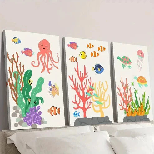 3pcs Colorful Sea Creatures in Ocean Ecosystem Wall Art Canvas Unframed – High Quality Print 100% Australian Made Wall Canvas - Bella Home Decor