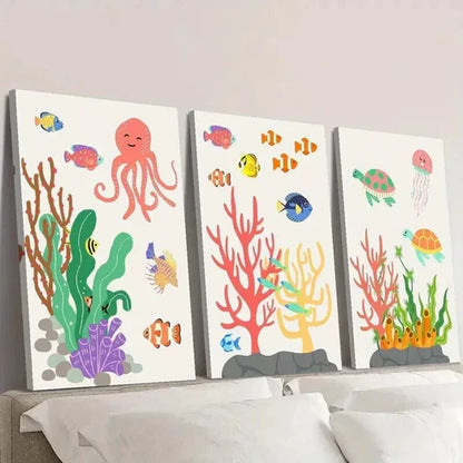 3pcs Colorful Sea Creatures in Ocean Ecosystem Wall Art Canvas Unframed – High Quality Print 100% Australian Made Wall Canvas - Bella Home Decor