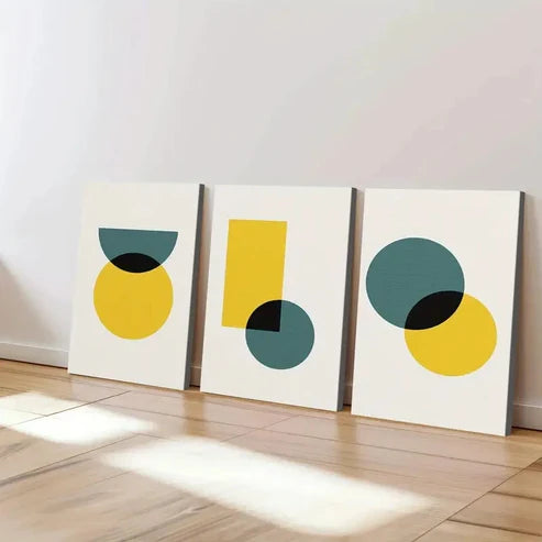 3pcs Abstract Retro Geometric Round Square Blue Wall Art Canvas Unframed - High Quality Print 100% Australian Made Wall Canvas - Bella Home Decor