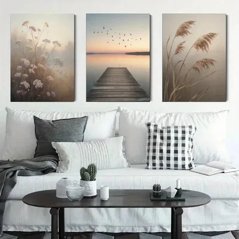 3pcs Dock, Birds, Wildflowers, Reed Grass Wall Art Canvas Unframed - High Quality Print 100% Australian Made Wall Canvas - Bella Home Decor