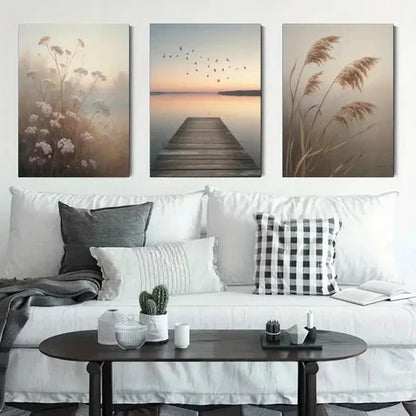 3pcs Dock, Birds, Wildflowers, Reed Grass Wall Art Canvas Unframed - High Quality Print 100% Australian Made Wall Canvas - Bella Home Decor