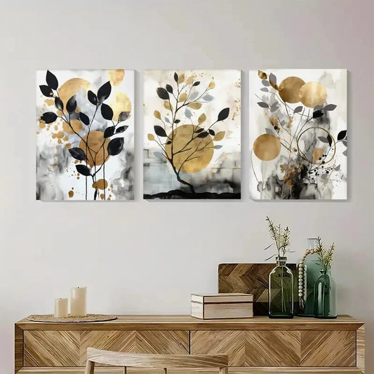 3pcs Golden Shapes Botanical Black & Golden Metal Print Ready to Hang Art
