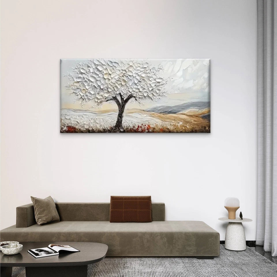 The White Tree Middle Field Wall Art Canvas Office Home Room Framed 120x60cm