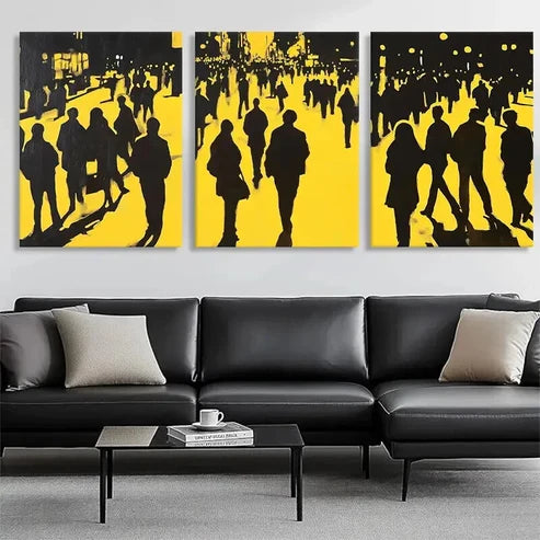 3pcs Yellow Black City Crowd Silhouette Perfect Wall Art Set Canvas Unframed - High Quality Print 100% Australian Made Wall Canvas