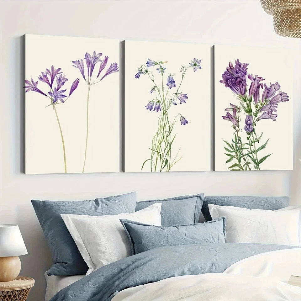 3pcs Purple Botanical Flower Art Green Leaves Wall Art Set Canvas Framed 50x70cm - High Quality Print 100% Australian Made Wall Canvas Ready to Hang