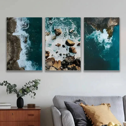 3pcs Aerial Ocean Wave & Rocky Shore View Wall Art Set Canvas Framed 40x60cm - High Quality Print 100% Australian Made Wall Canvas Ready to Hang - Bella Home Decor