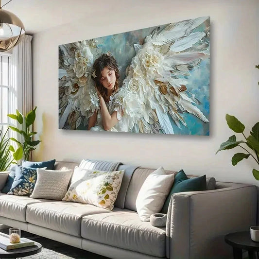 Ethereal Angel with White Wings Wall Art Canvas Office Home Room Framed 120x60cm