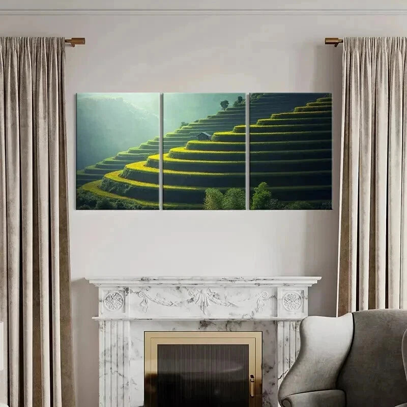 3pcs Green Geometric Terraced Fields Wall Art Set Canvas Framed 40x60cm - High Quality Print 100% Australian Made Wall Canvas Ready to Hang - Bella Home Decor